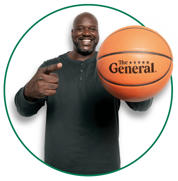 Shaq is a customer of The General Insurance too - Shaq pointing and holding a basketball.
