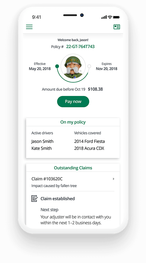 Screenshot of a phone showing The General Car Insurance app 